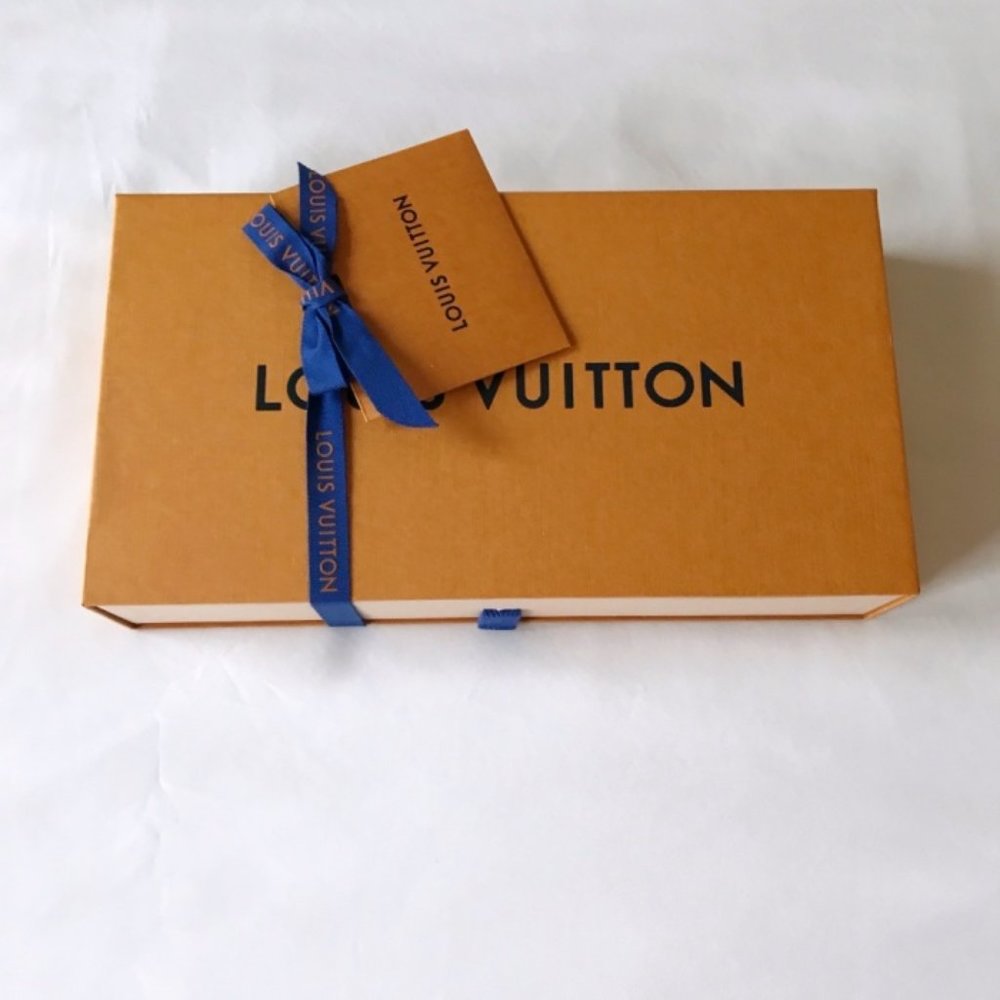 Louis Vuitton Orange Gift Box with blue ribbon and Tag for large wallet